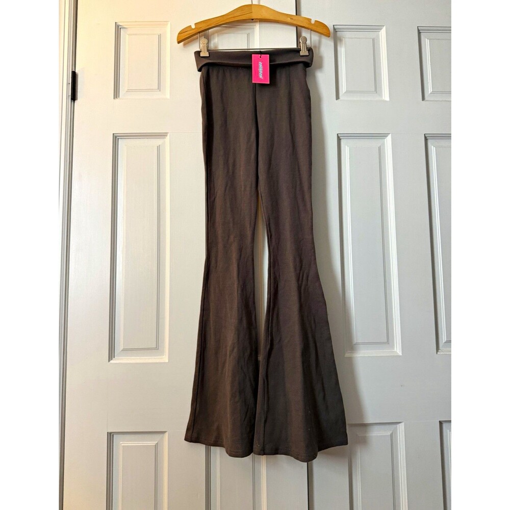 Edikted Brown Fold Over Wide Leg Flare Pants Womens XS NWT Y2K Ribbed Knit